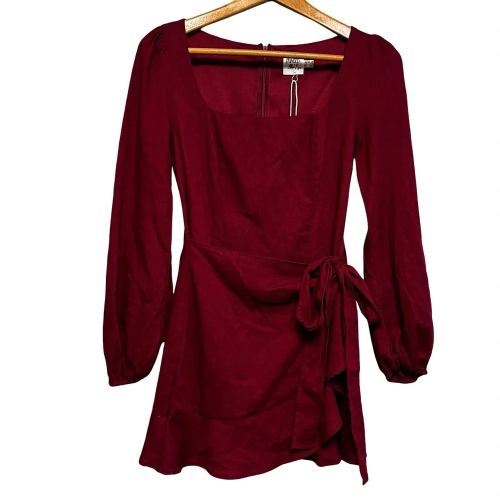 NEW Princess Polly Red Burgundy Linen Blend Long Sleeve Villa Mini Dress Size 4